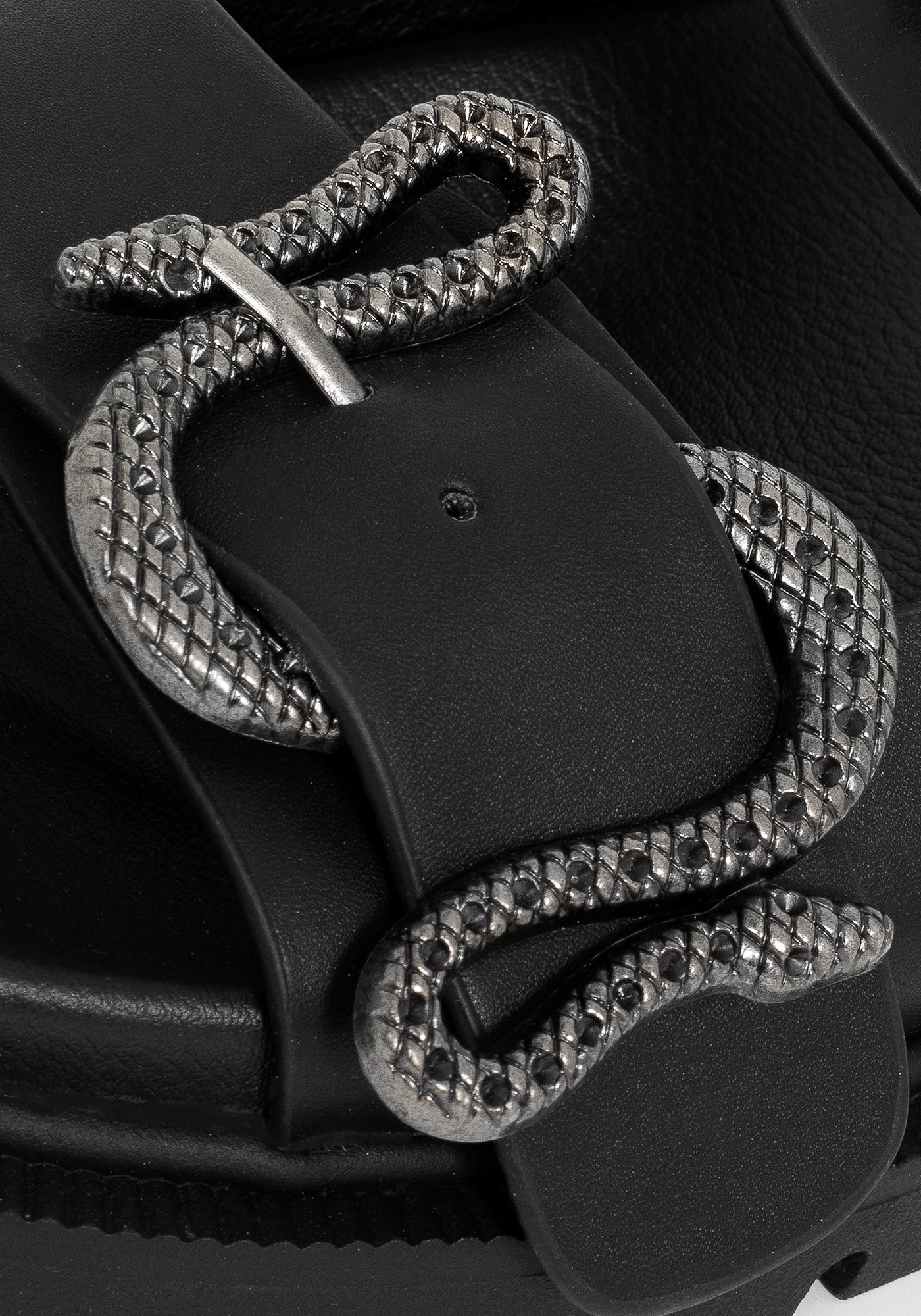 BLACK LEATHER SNAKE MEDALLION LOGO STUD SANDAL 43.5 / 10.5 ITALY Snake-Embellished Sandals in Black for Women | Roberto Cavalli® main image 3
