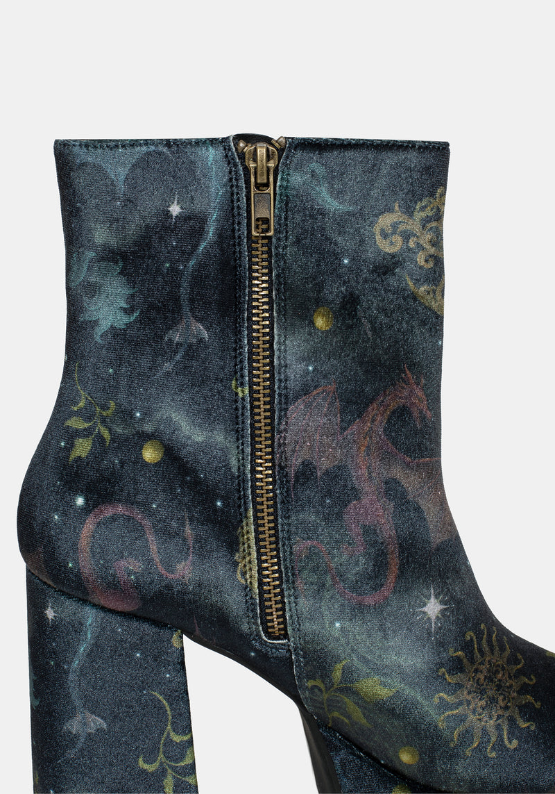 Phoenix Dragon Velvet Platform Boots