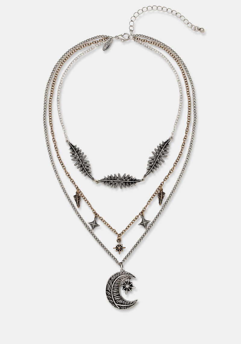 Abellona Moon Fern Layered Charm Necklace