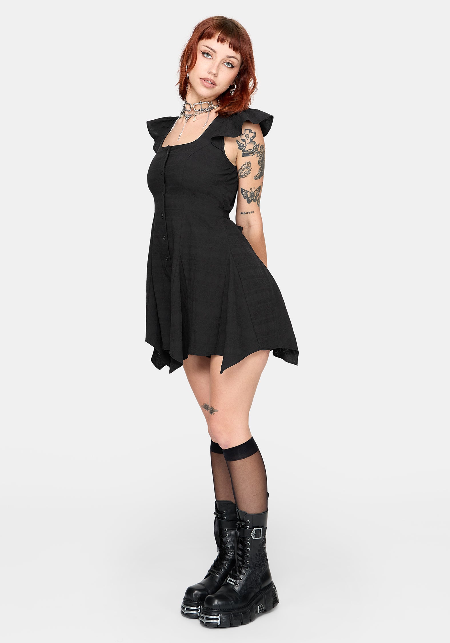 Elindra Ruffle Neck Button Up Playsuit – Disturbia