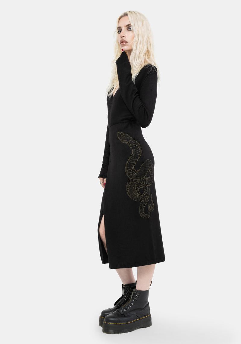 Serpent Snake Embroidered Knit Midi Dress