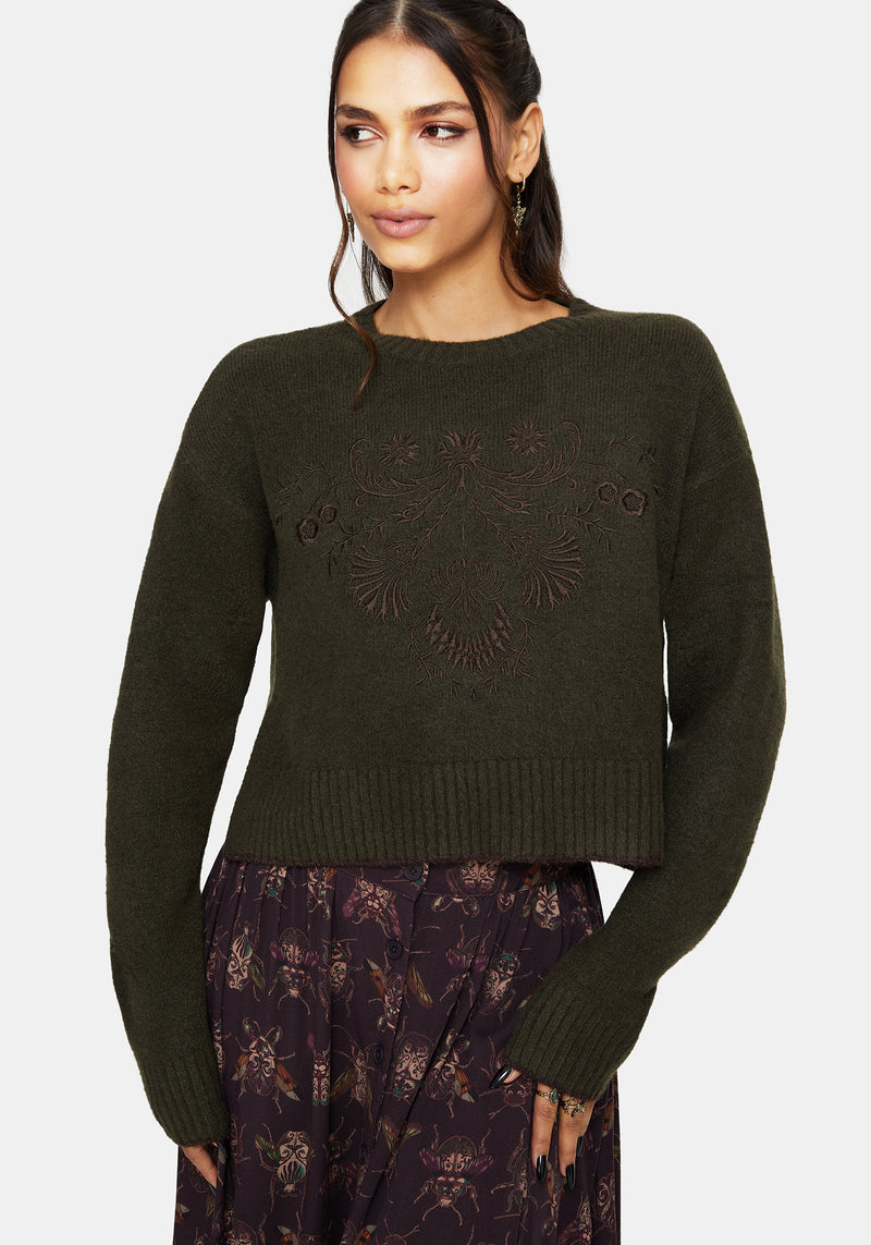 Eclipsia Floral Embroidered Cropped Knit Sweater
