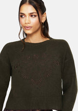 Eclipsia Floral Embroidered Cropped Knit Sweater