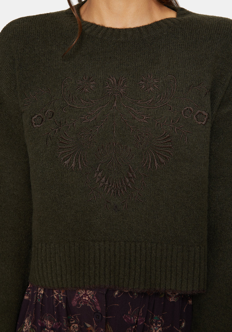 Eclipsia Floral Embroidered Cropped Knit Sweater