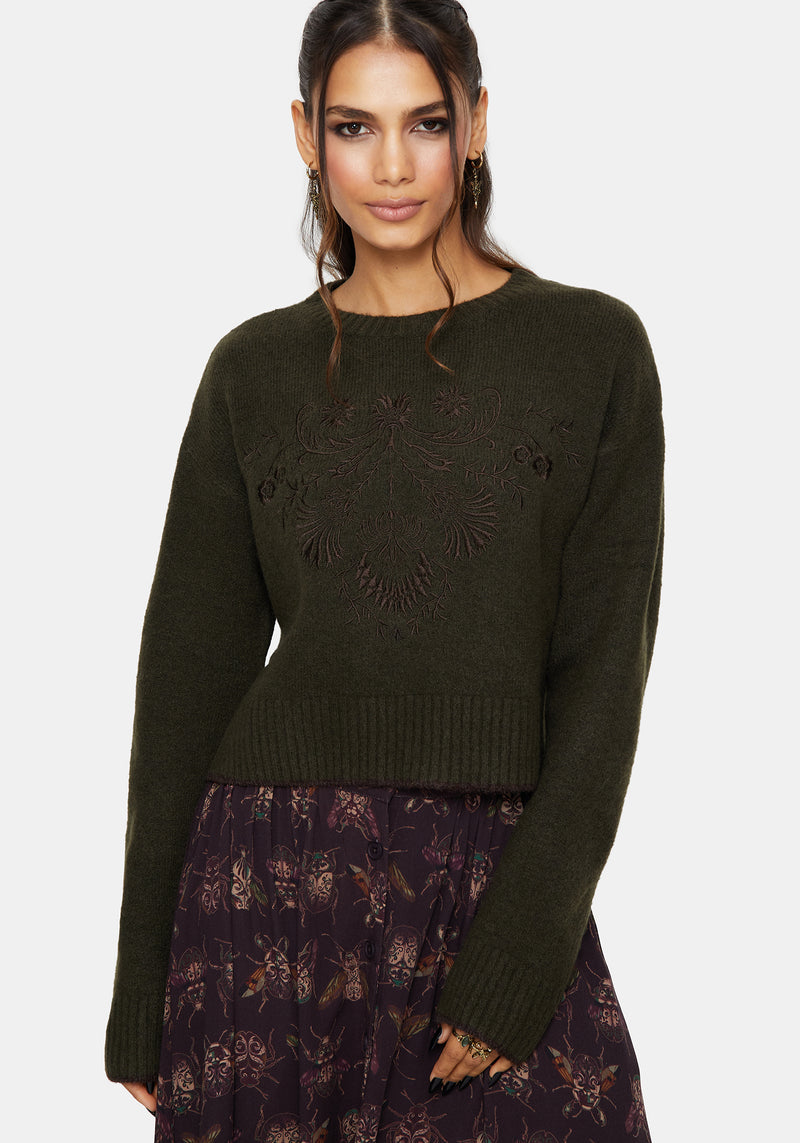 Eclipsia Floral Embroidered Cropped Knit Sweater