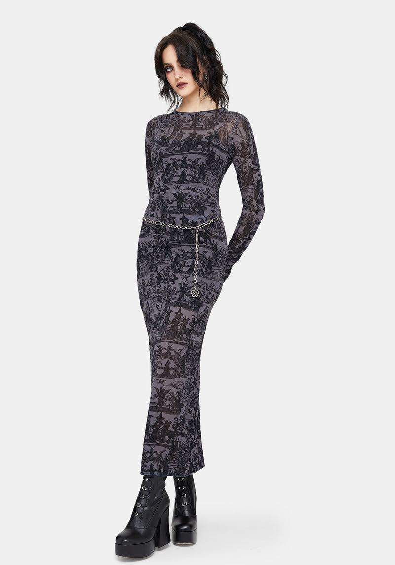 Enchanted Sheer Witch Print Knit Maxi Dress