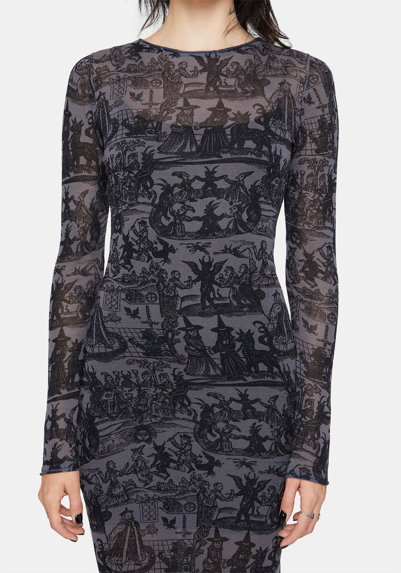 Enchanted Sheer Witch Print Knit Maxi Dress Disturbia Enchanted Sheer Witch Print Knit Maxi Dress Disturbia