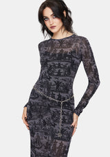 Enchanted Sheer Witch Print Knit Maxi Dress