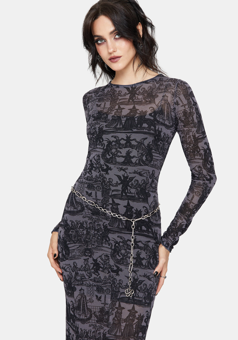 Enchanted Sheer Witch Print Knit Maxi Dress