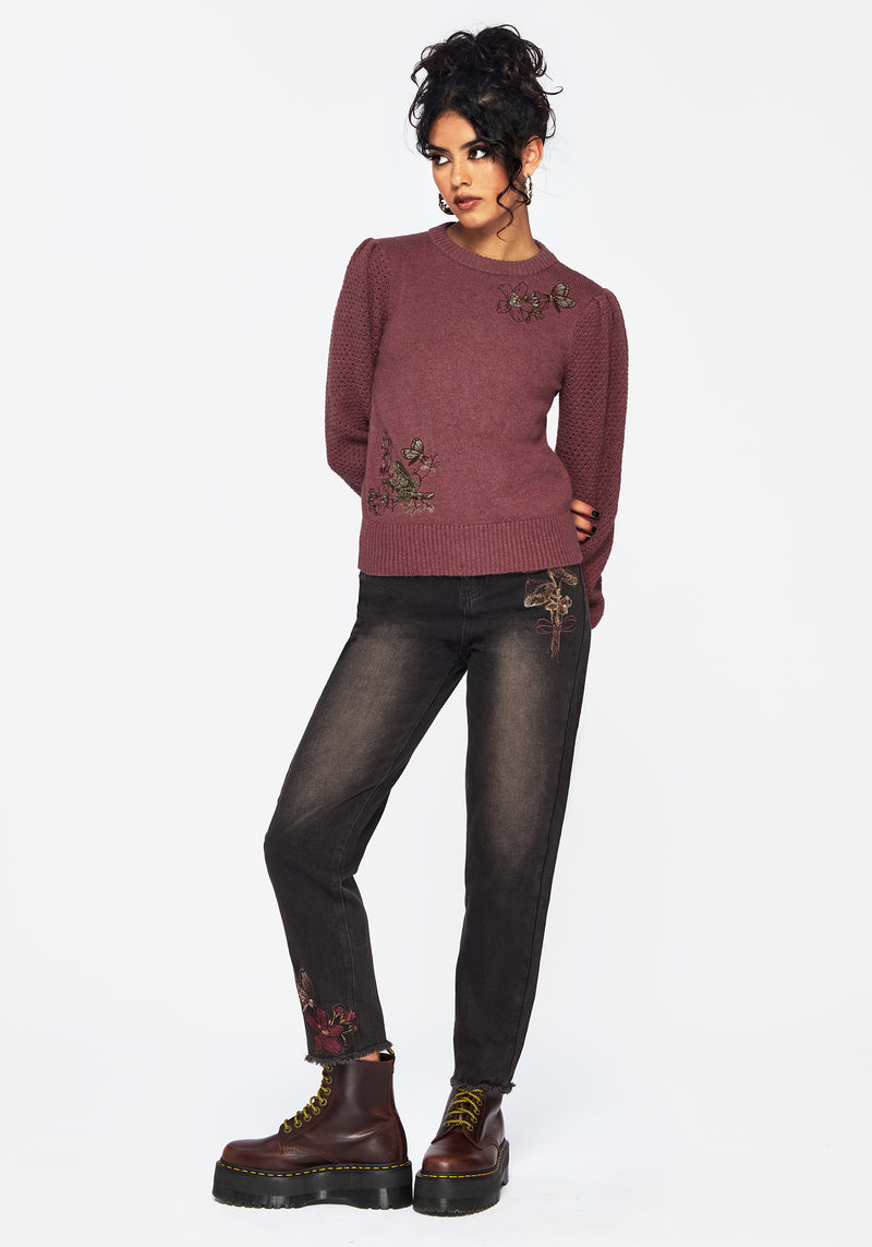 Dana Floral Moth Embroidered Sweater - Purple
