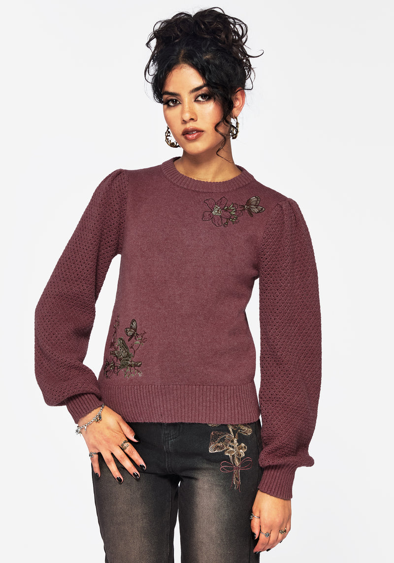 Dana Floral Moth Embroidered Sweater - Purple