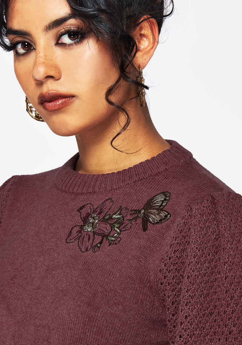 Dana Floral Moth Embroidered Sweater - Purple