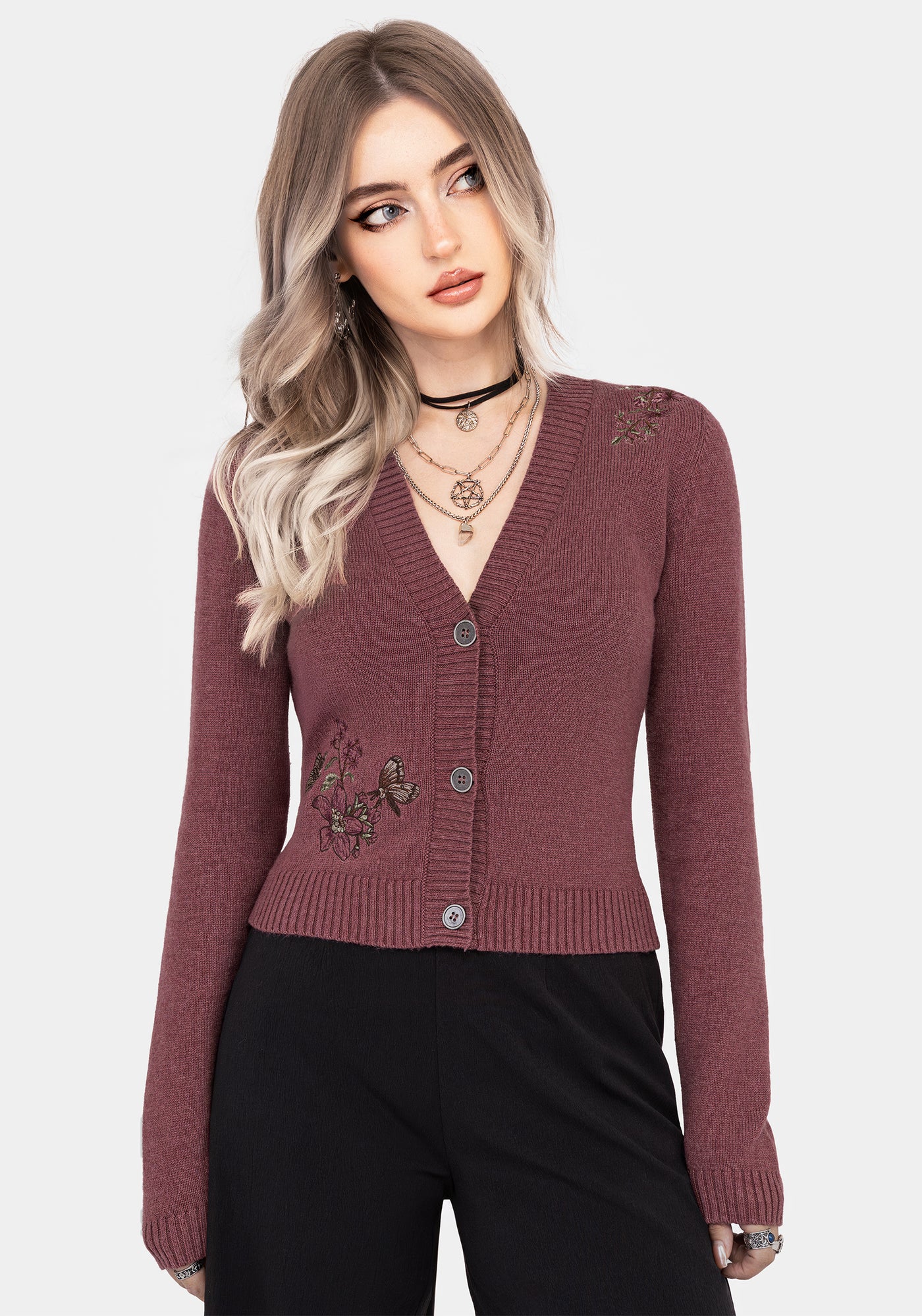 Dana Floral Moth Embroidered Cardigan - Purple – Disturbia