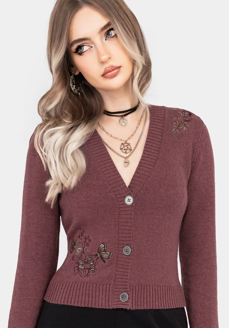Dana Floral Moth Embroidered Cardigan - Purple