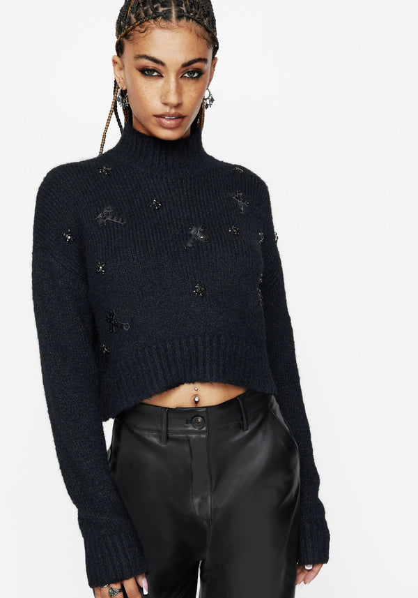 Phantom Cotton Embellished Cross Crop Sweater