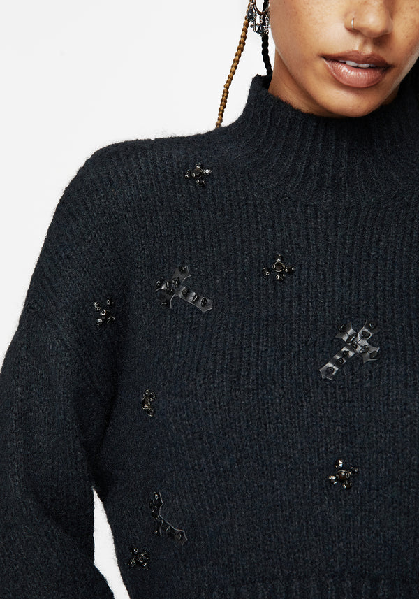 Phantom Cotton Embellished Cross Crop Sweater