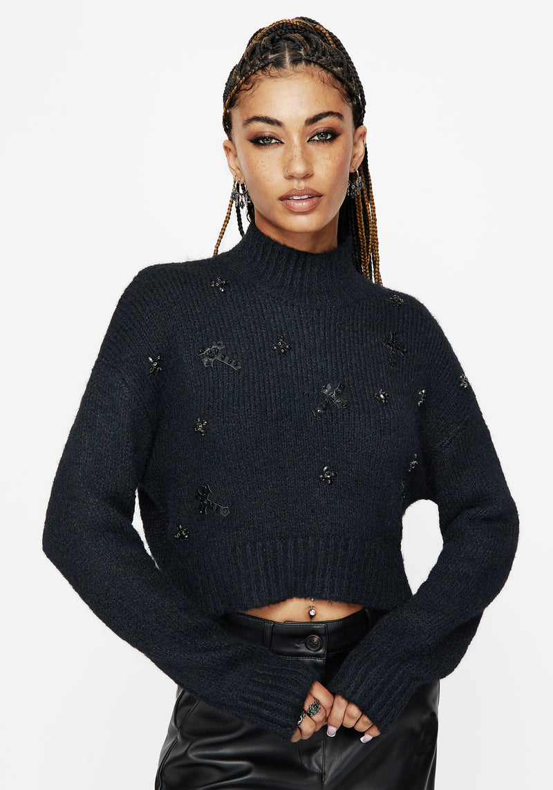 Phantom Cotton Embellished Cross Crop Sweater