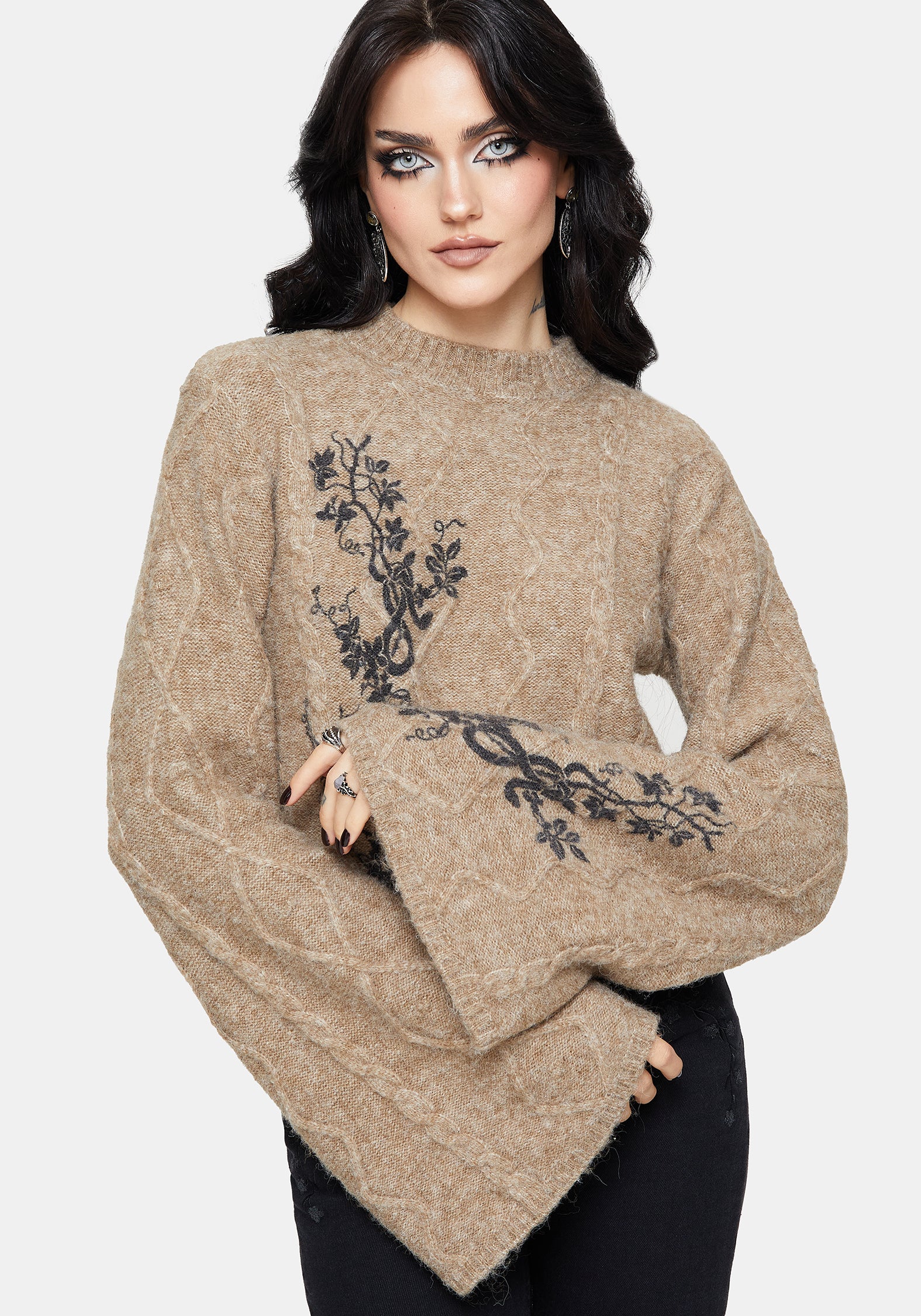 Ravelle Cotton Floral Printed Flare Cable Knit Sweater
