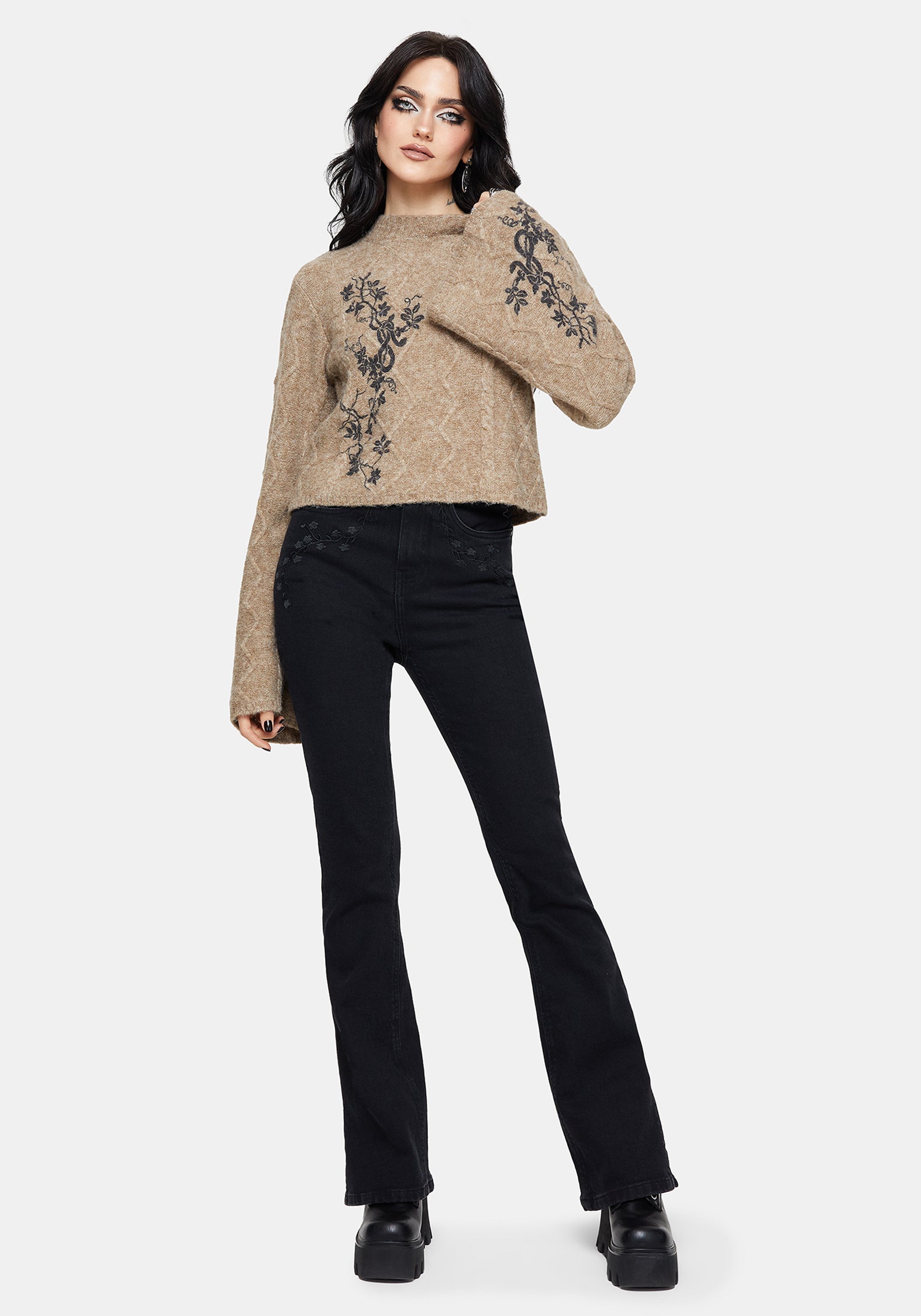 Ravelle Cotton Floral Printed Flare Cable Knit Sweater