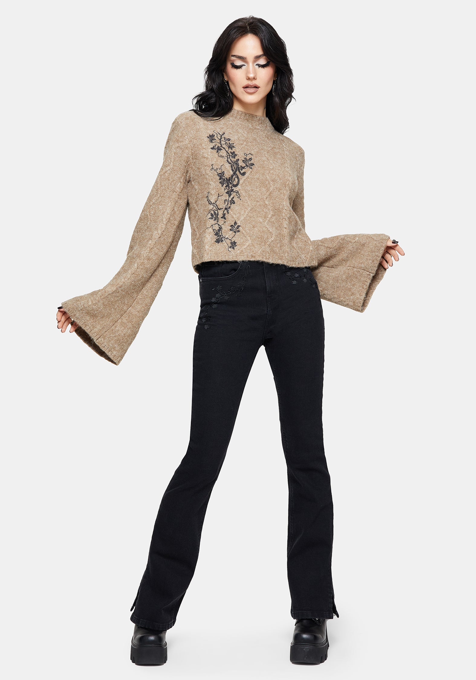 Ravelle Cotton Floral Printed Flare Cable Knit Sweater