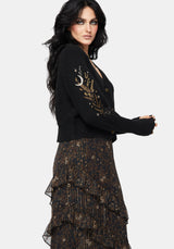 Abellona Floral Moon Embroidered Balloon Sleeve Knit Cardigan