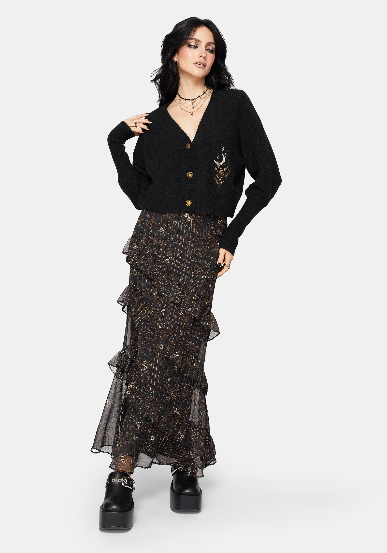 Abellona Floral Moon Embroidered Balloon Sleeve Knit Cardigan