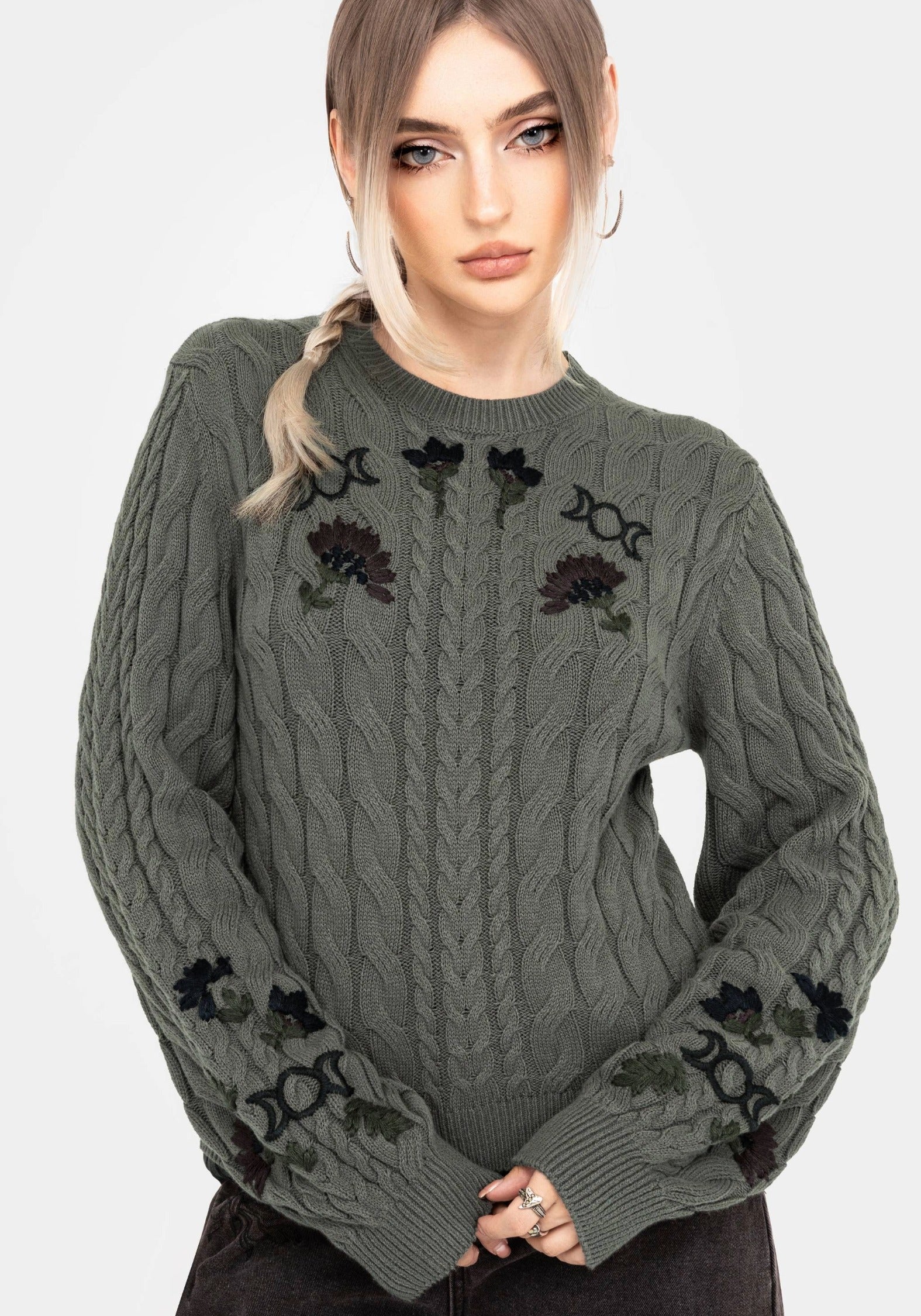 Clara Cotton Floral Embroidered Cable Knit Sweater