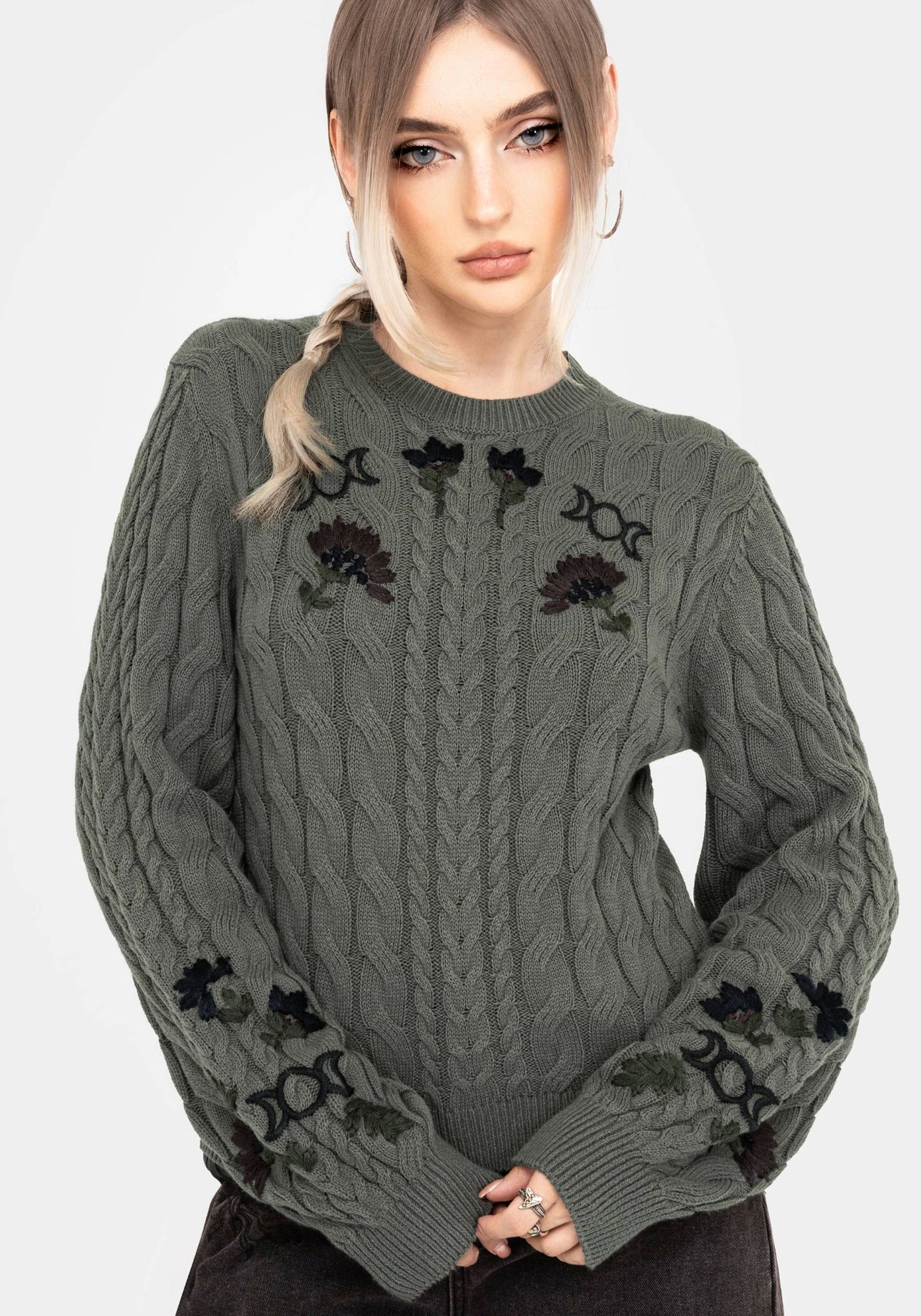 Clara Cotton Floral Embroidered Cable Knit Sweater – Disturbia