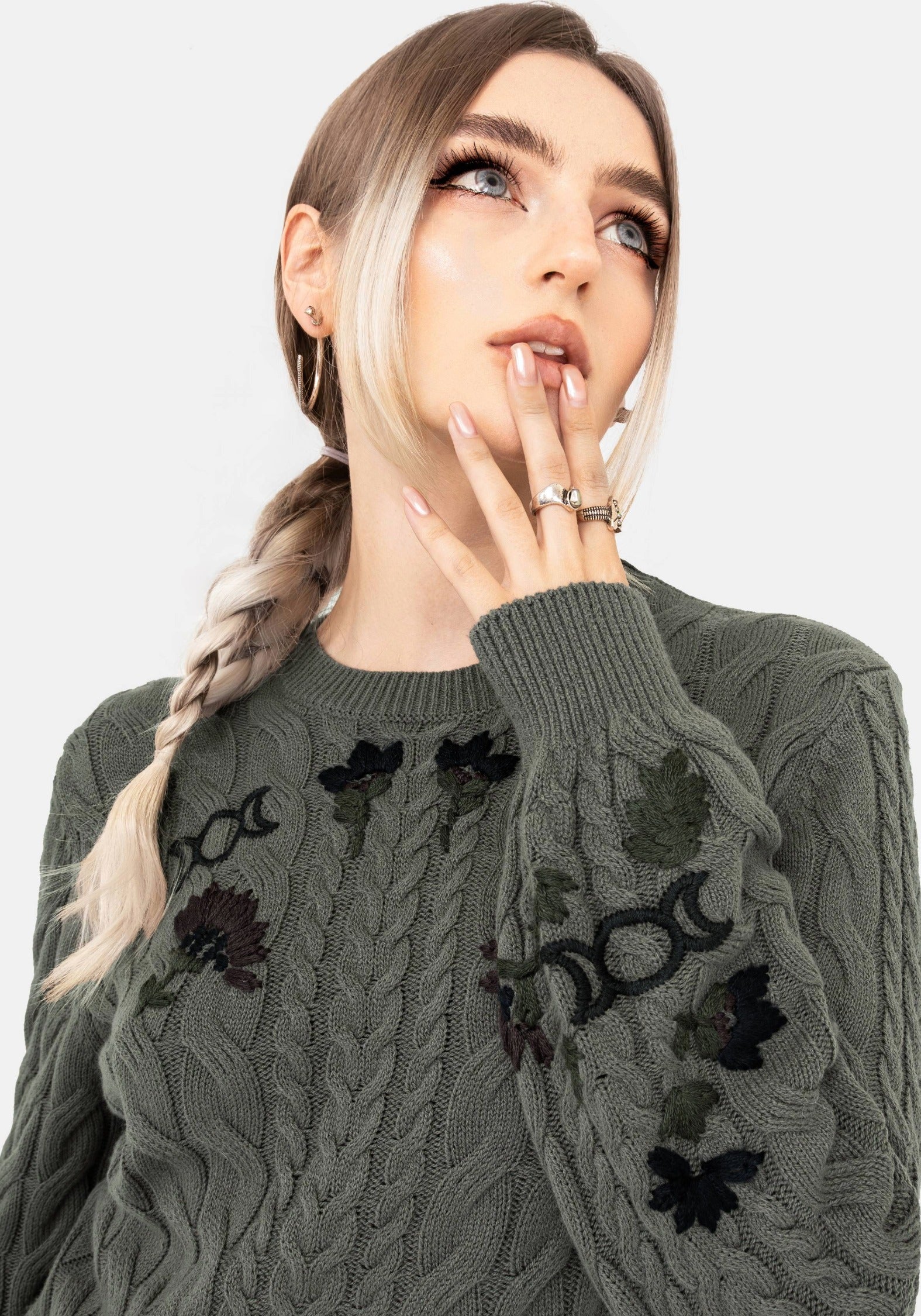 Clara Cotton Floral Embroidered Cable Knit Sweater