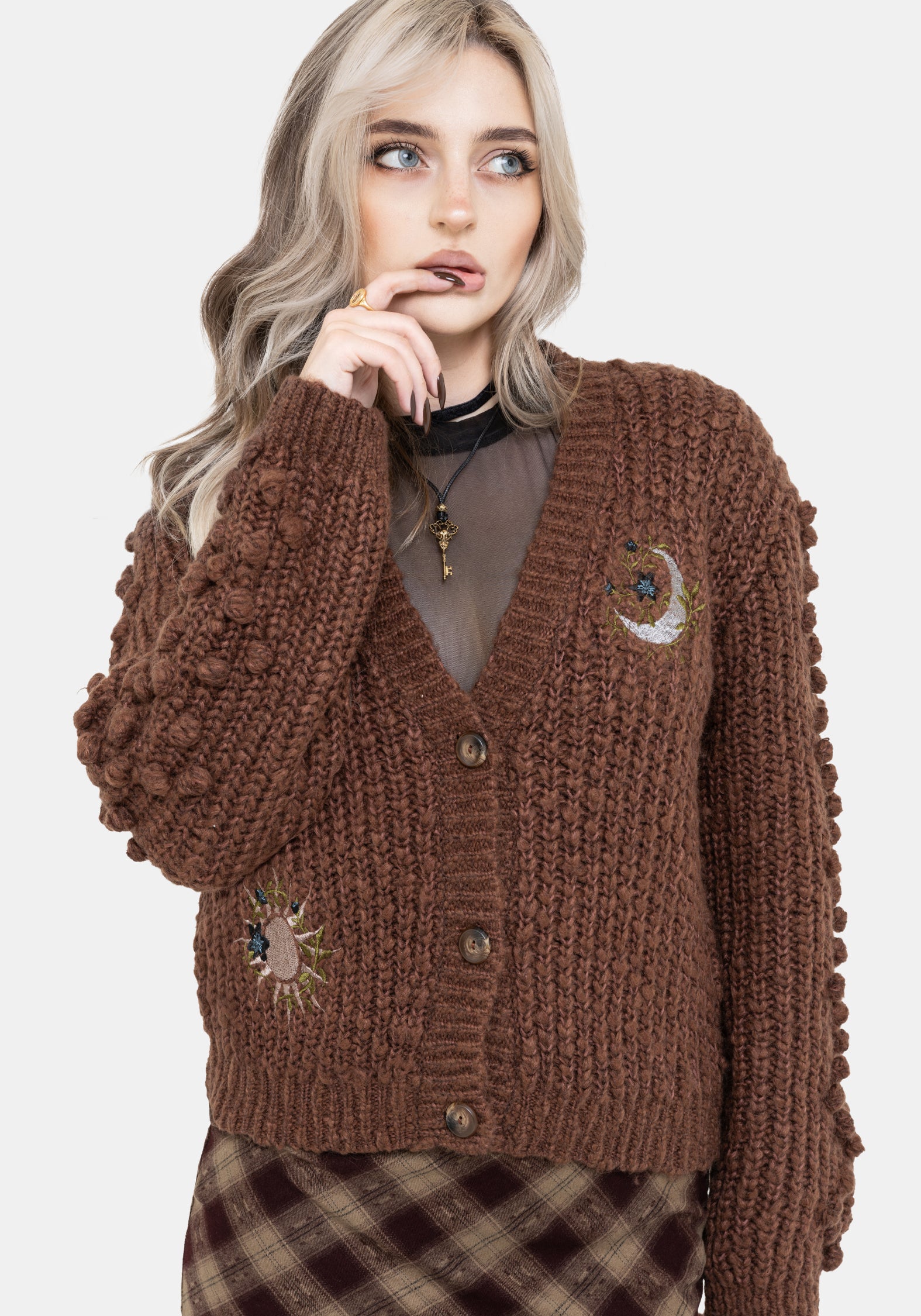 Isla Chunky Bobble Moon Embroidered Knit Cardigan
