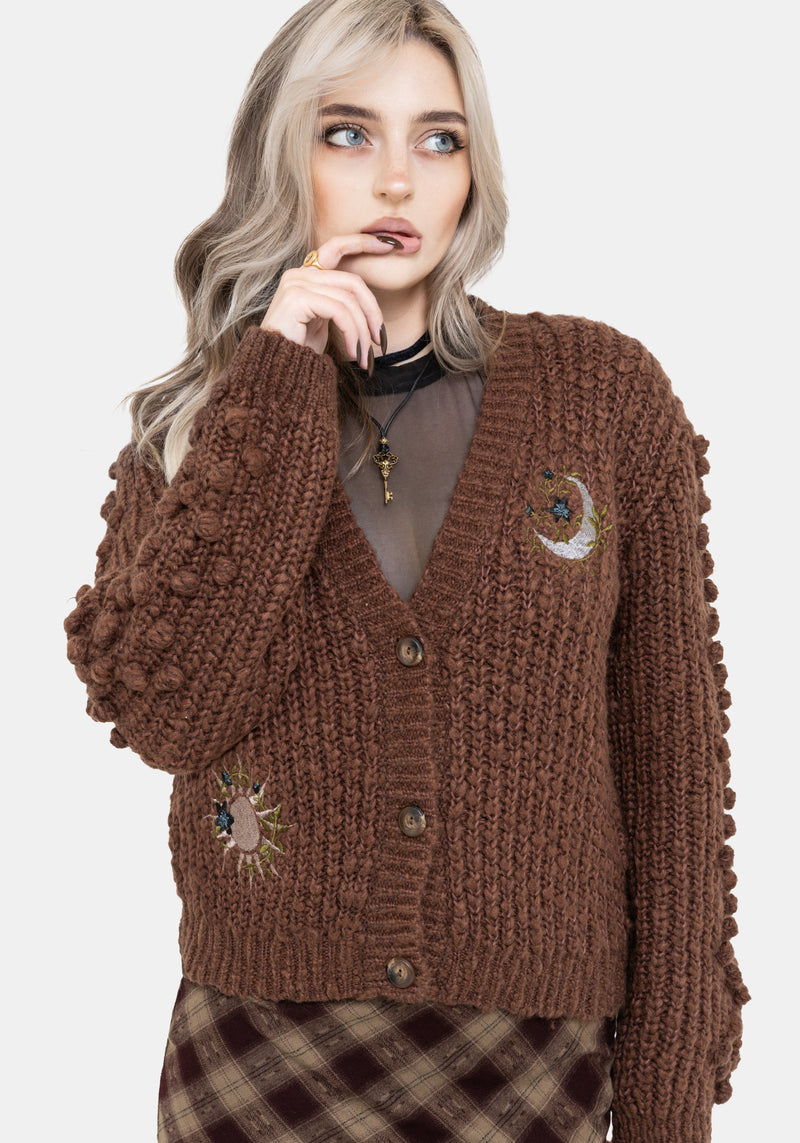 Isla Chunky Bobble Moon Embroidered Knit Cardigan