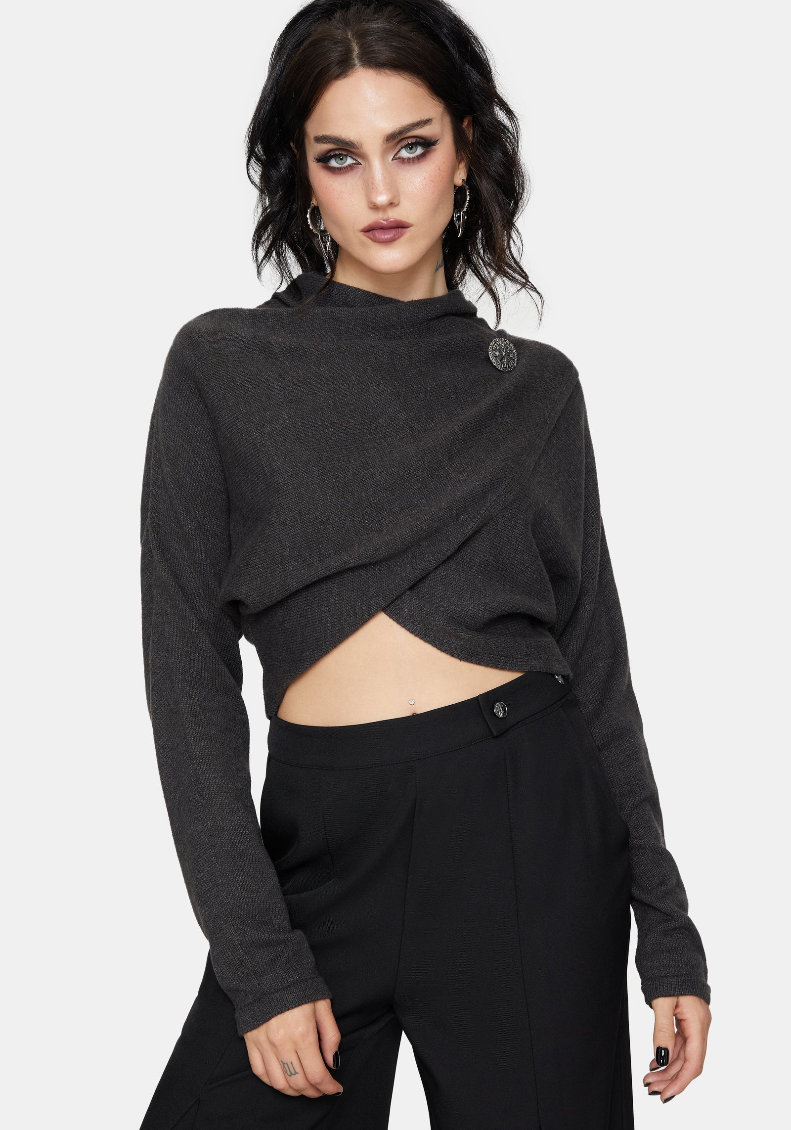 Calliope Wrap Over Cropped Knit Sweater with Brooch