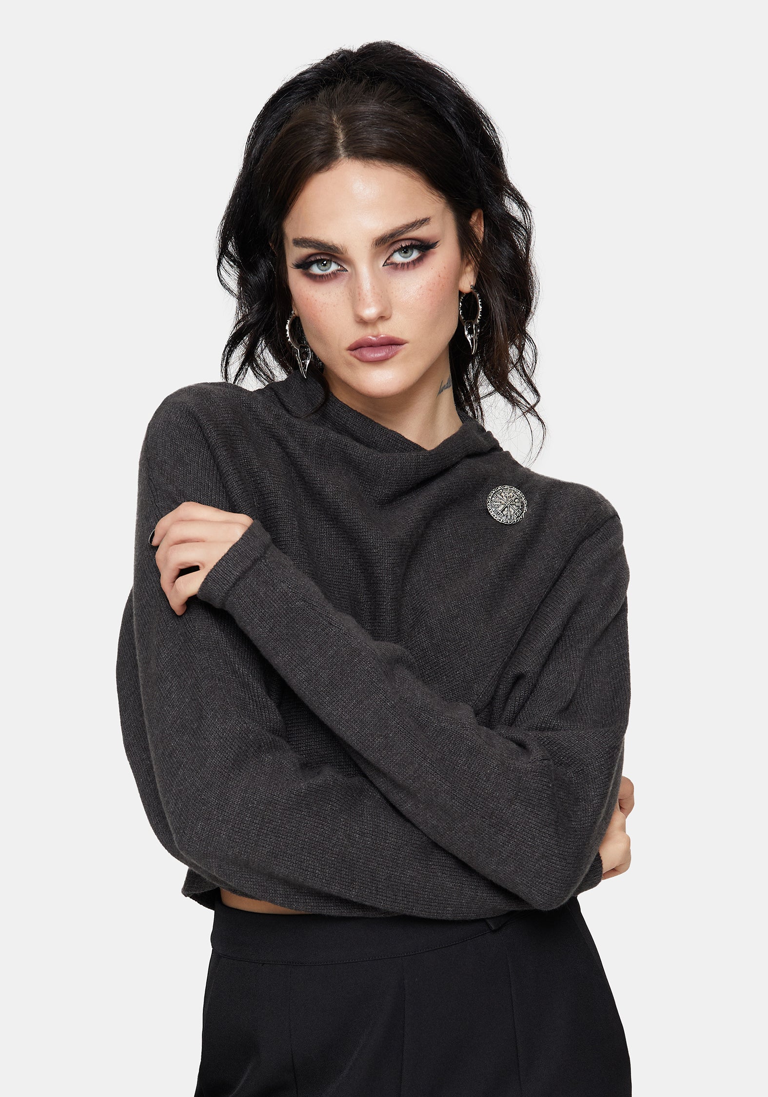 Calliope Wrap Over Cropped Knit Sweater with Brooch