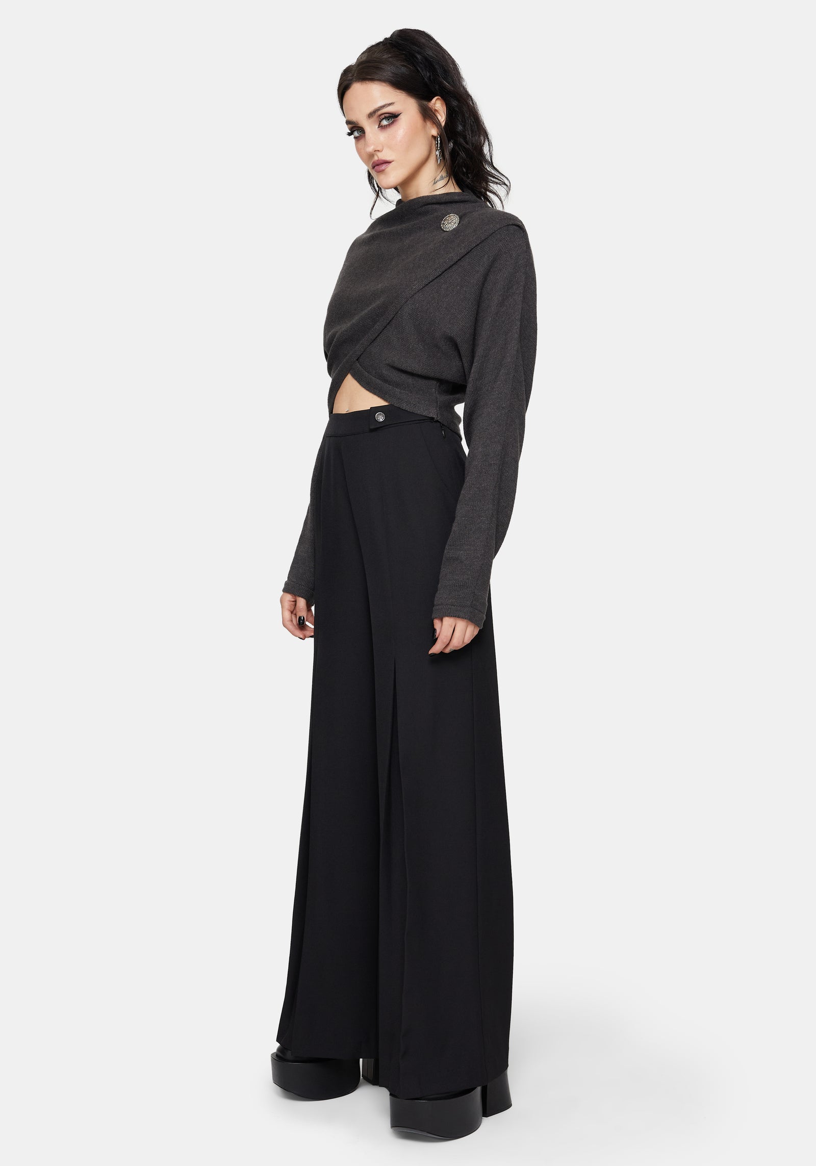 Calliope Wrap Over Cropped Knit Sweater with Brooch