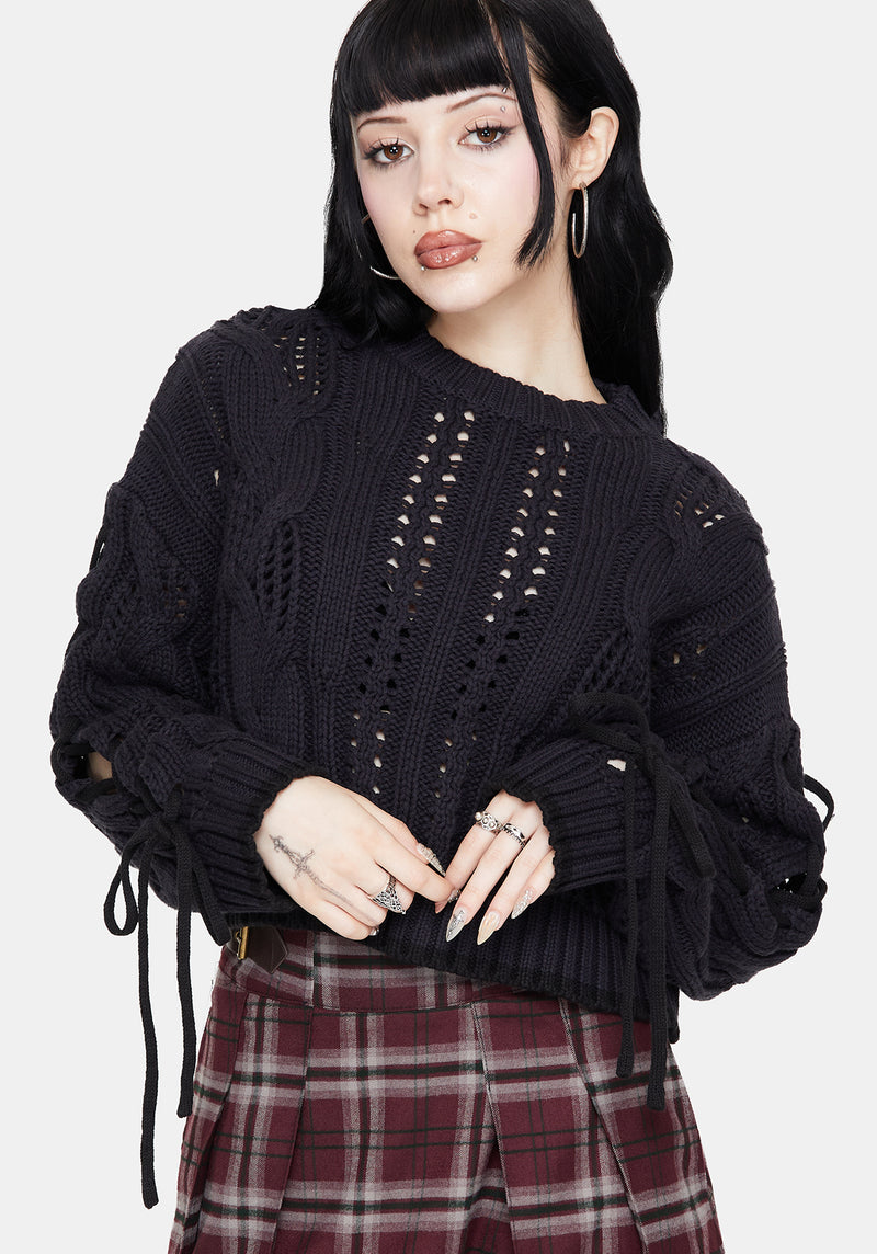 Sycamore Cotton Lace Up Sleeve Cable Knit Crop Sweater - Navy