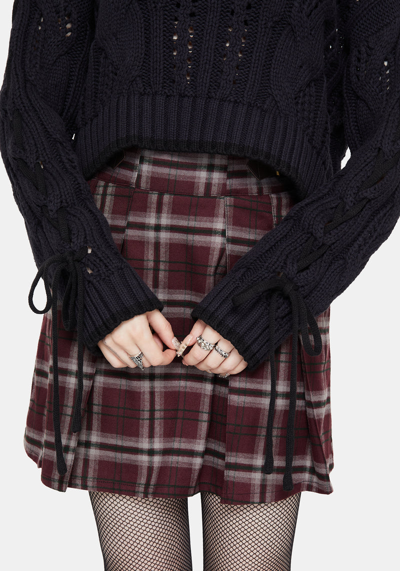 Sycamore Cotton Lace Up Sleeve Cable Knit Crop Sweater - Navy