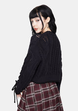 Sycamore Cotton Lace Up Sleeve Cable Knit Crop Sweater - Navy