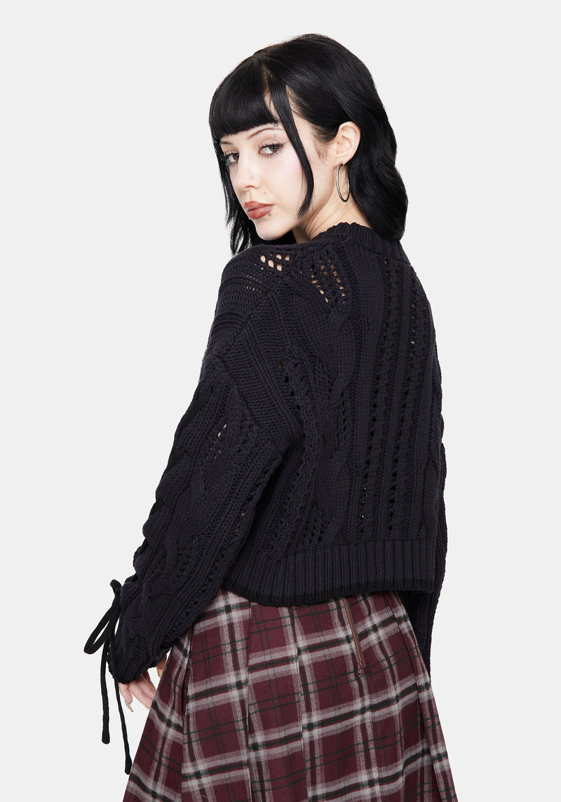 Sycamore Cotton Lace Up Sleeve Cable Knit Crop Sweater - Navy
