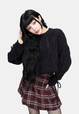 Sycamore Cotton Lace Up Sleeve Cable Knit Crop Sweater - Navy