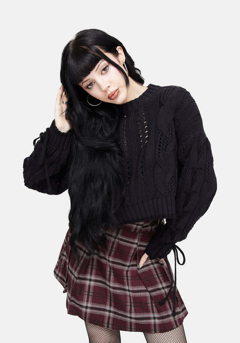 Sycamore Cotton Lace Up Sleeve Cable Knit Crop Sweater - Navy