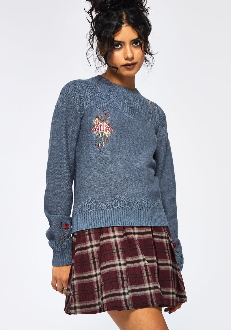 Selenia Moth Embroidered Cable Twist Knit Sweater - Blue