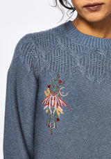 Selenia Moth Embroidered Cable Twist Knit Sweater - Blue