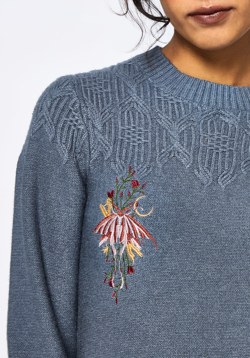 Selenia Moth Embroidered Cable Twist Knit Sweater - Blue