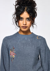 Selenia Moth Embroidered Cable Twist Knit Sweater - Blue
