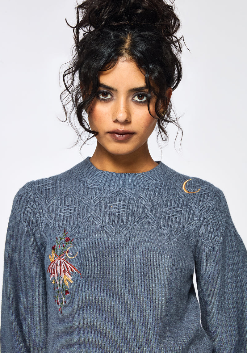 Selenia Moth Embroidered Cable Twist Knit Sweater - Blue