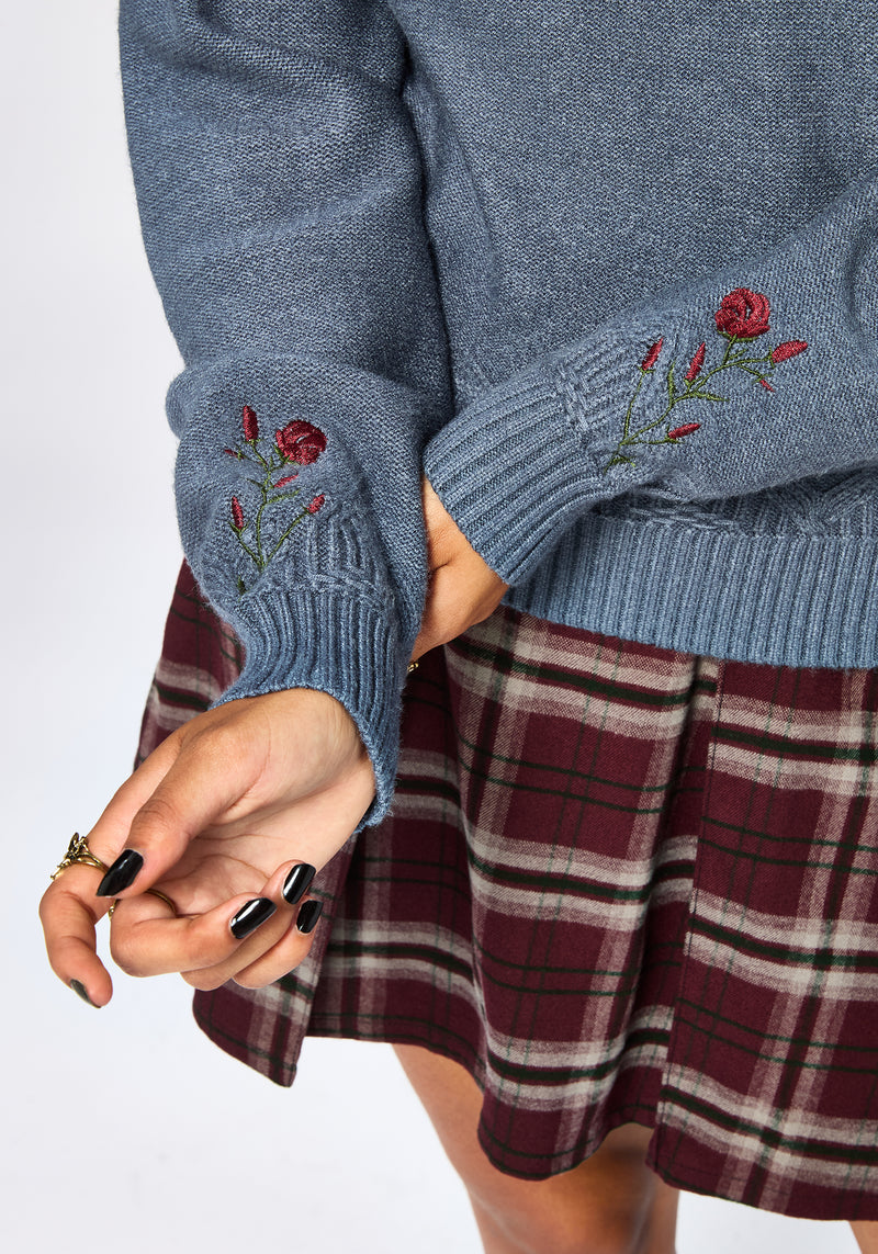 Selenia Moth Embroidered Cable Twist Knit Sweater - Blue