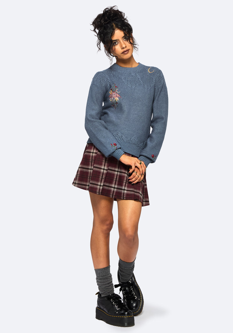 Selenia Moth Embroidered Cable Twist Knit Sweater - Blue