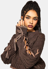 Sycamore Cotton Lace Up Sleeve Cable Knit Crop Sweater - Brown