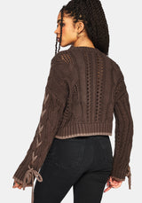 Sycamore Cotton Lace Up Sleeve Cable Knit Crop Sweater - Brown