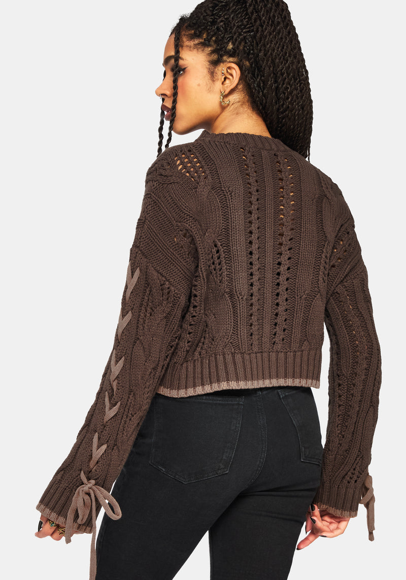 Sycamore Cotton Lace Up Sleeve Cable Knit Crop Sweater - Brown